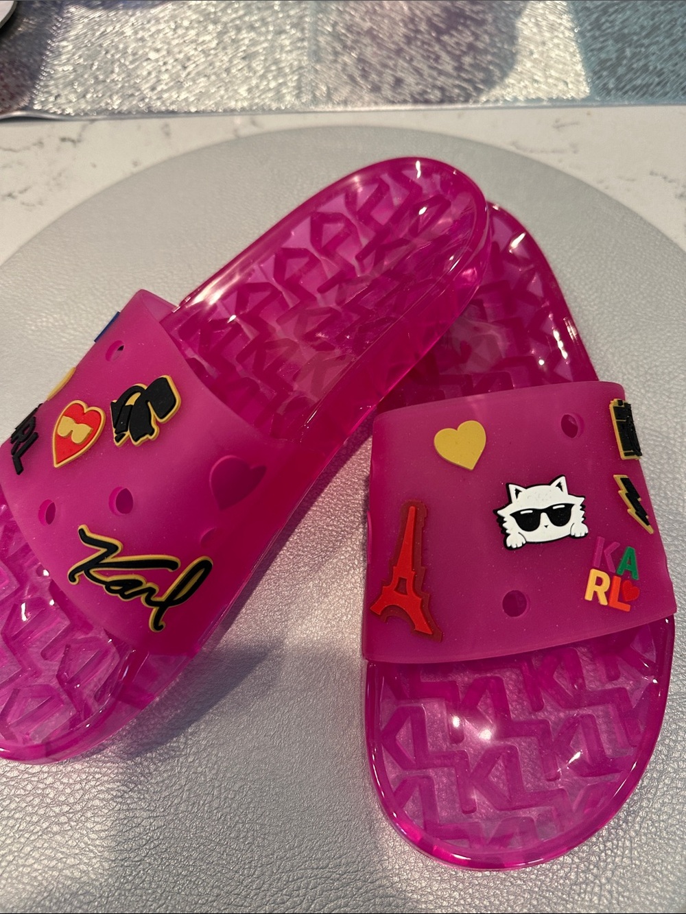 Karl Lagerfeld Hot Pink Jelly Slide Sandals with Decorative Charm design New